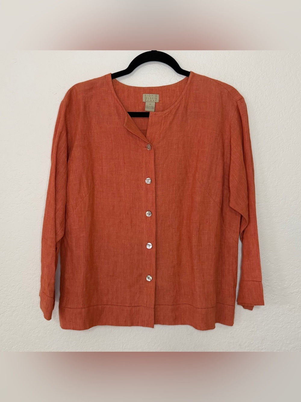 Sigrid Olsen Sport Orange 100% Linen Button Up Long Sleeve Shirt Women’s Size M